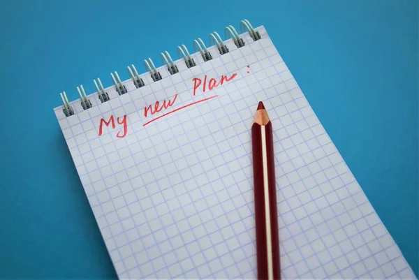 Caderno Espiral Uma Jaula Lápis Vermelho Escreve Meu Novo Plano — Fotografia de Stock