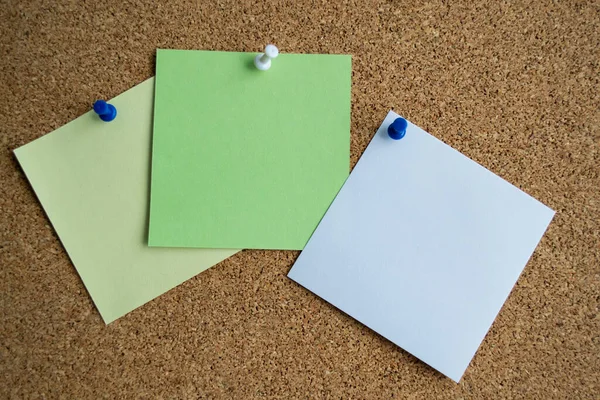 Three Paper Notes Green White Yellow Color Cork Board Attached — Stock Photo, Image