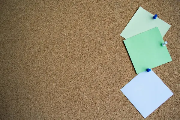 Three Paper Notes Green White Yellow Color Cork Board Attached — Stock Photo, Image