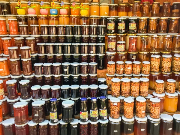 Bachkovsky Monastery Bulgaria August 2018 Rows Jars Honey Nuts Jam — Stock Photo, Image