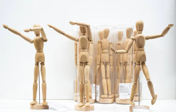 Moscow Russia September 2019 Ikea Store Window Group Wooden Figures — Stock Photo, Image
