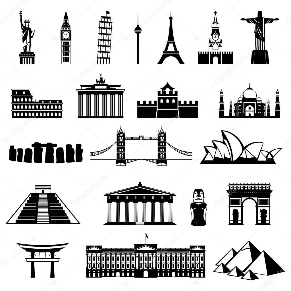 Countries of the world silhouette. Architecture, monument or landmark icon.