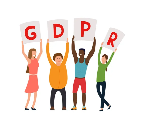 Ilustración del concepto GDPR. La gente sostiene carteles con el GDPR sobre su cabeza . — Vector de stock