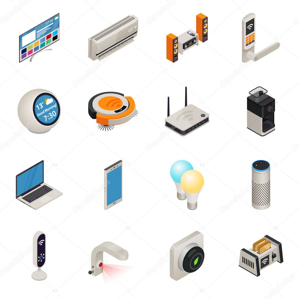 Smart home internet connected devices isometric colorful icon set. Vector illustration