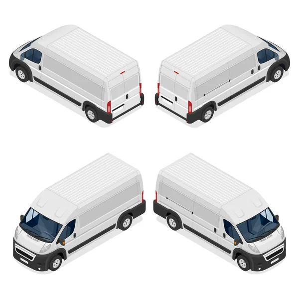 Iconos de furgonetas blancas comerciales establecidos aislados sobre un fondo blanco. Ilustración isométrica plana 3d vector . — Vector de stock