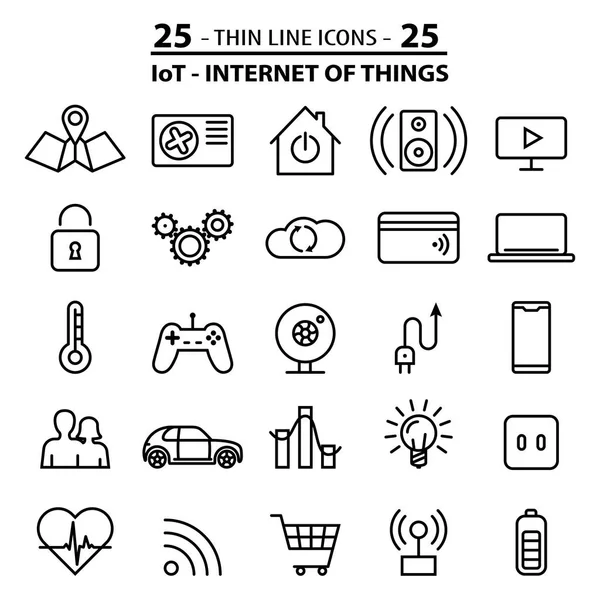 Set 25 pictogrammen van de dunne lijn over internet van dingen. IOT technologie. — Stockvector