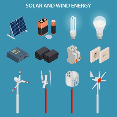 Güneş ve rüzgar enerjisi üretimi. Elektrik donatımı. Vektör set.