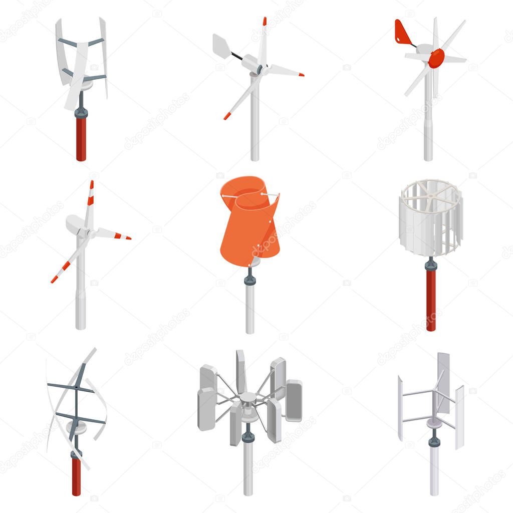 collection of wind turbine generators. Isometric clean energy set. Wind power. Vector icon set.