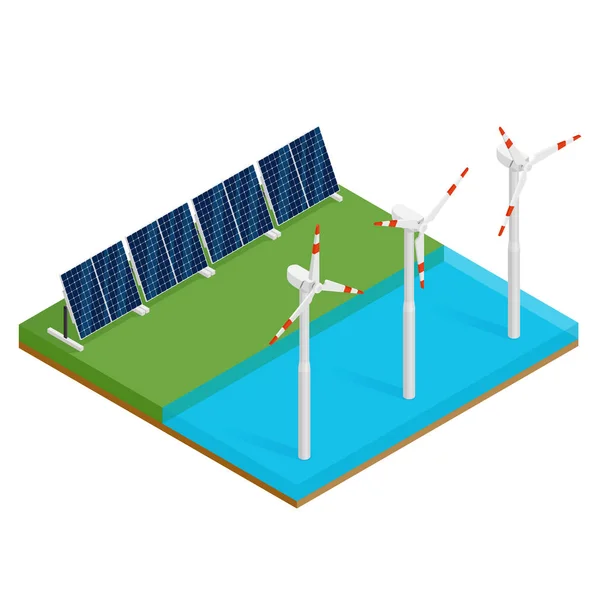 Isometrische plant zonnepanelen en offshore windturbines. Eco elektrische energieconcept. — Stockvector