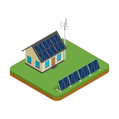İzometrik eco dostça ev rüzgar türbini ve güneş panelleri ile. Yeşil enerji kavramı.