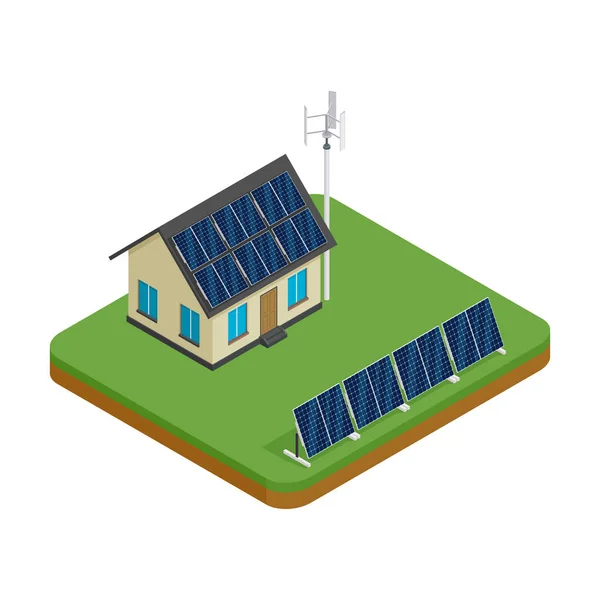 Isométrica casa ecológica con turbina eólica y paneles solares. Concepto de energía verde . — Vector de stock