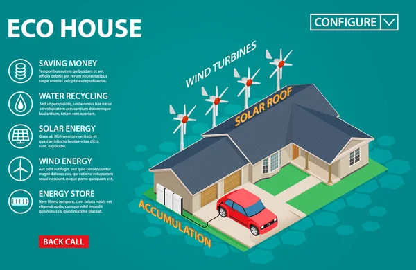 Concepto Eco house - sistemas automáticos modernos con electricidad verde renovable . — Vector de stock