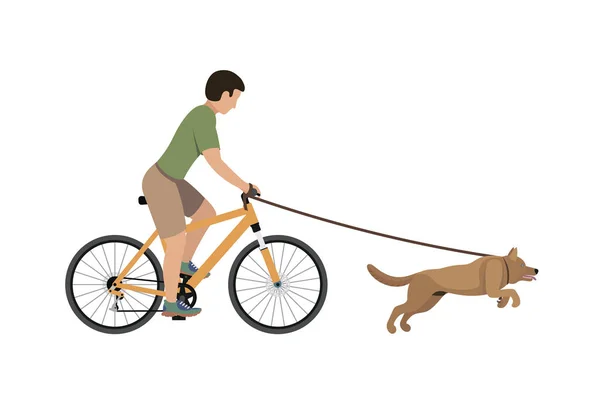 Un hombre en una bicicleta paseando con un perro . — Vector de stock