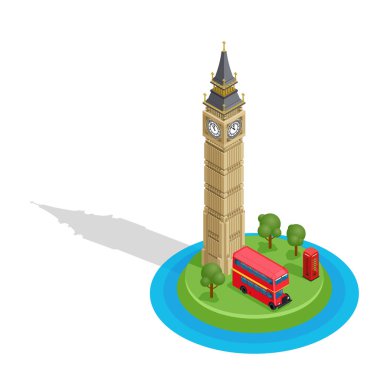 Londra. Detaylı izometrik vektör kümesi. Big Ben, Çift katlı otobüs ve kırmızı köşk. Ünlü simge.