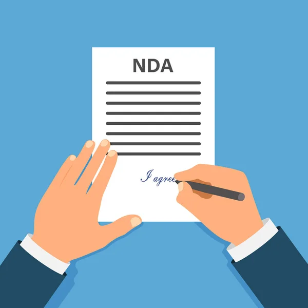 Dessin animé coloré Signer à la main NDA. Contrat Document signé. Concept NDA. Dossiers secrets . — Image vectorielle