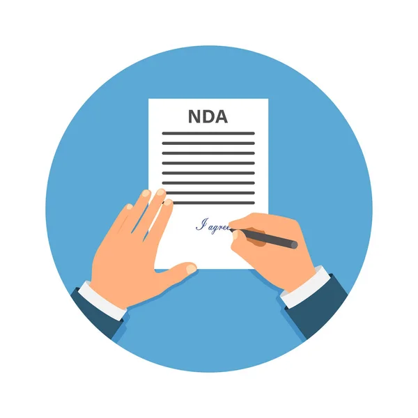 Barevné Cartooned ruku podepsání Nda. Smluvní dokument podepsán. NDA koncept. Tajných souborů. — Stockový vektor