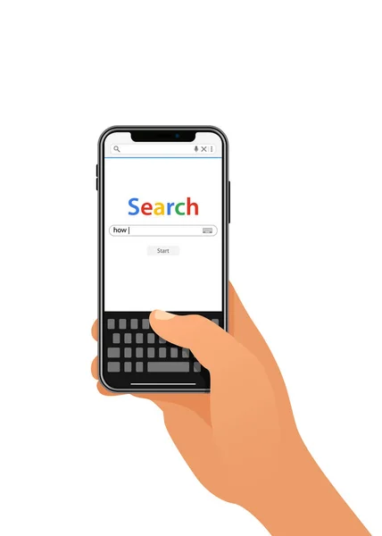 Una mano masculina que sostiene el teléfono celular moderno negro con el formulario simple del Search Engine del Internet en la pantalla blanca en el fondo aislado . — Vector de stock