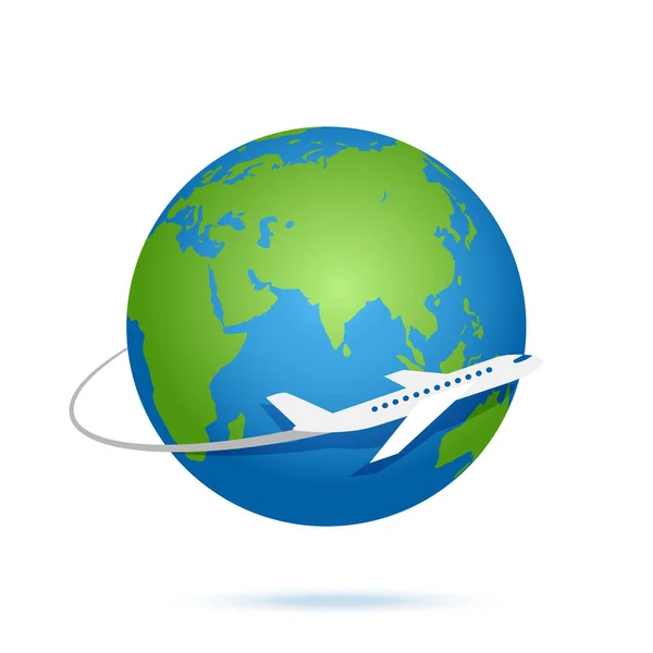 El avión vuela alrededor del planeta Tierra. Icono del logo del vector — Vector de stock