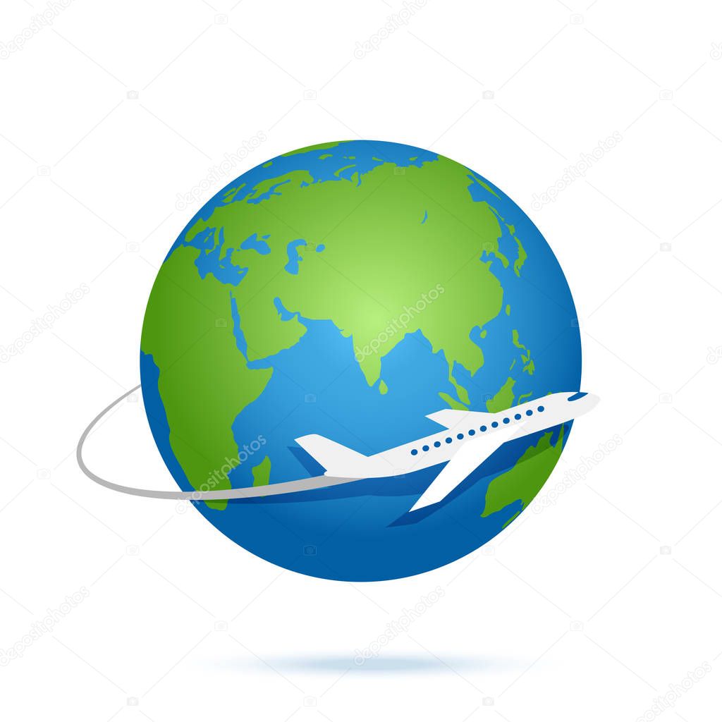 Airplane fly around the planet Earth. Vector logo icon
