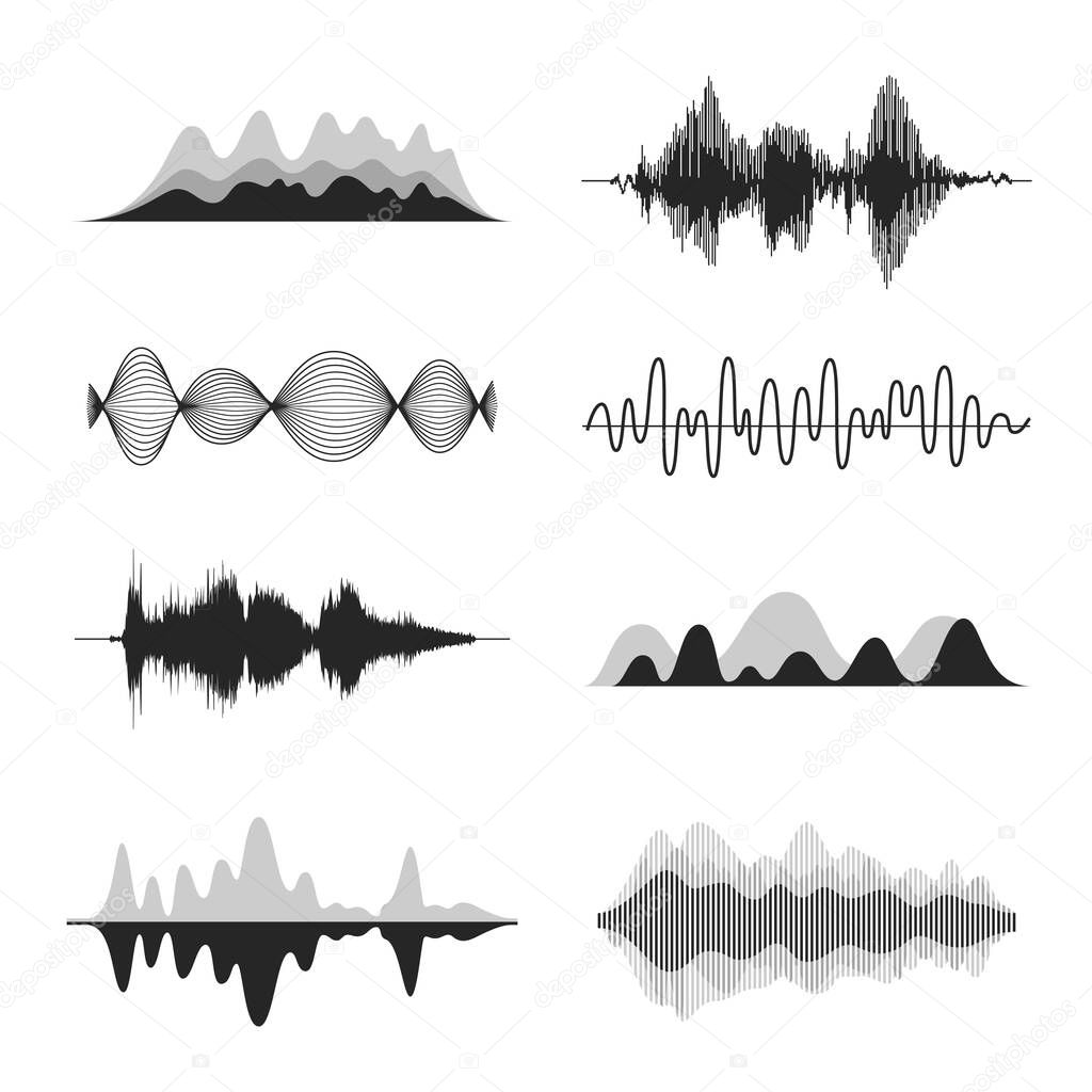 Sound waves. Frequency audio waveform, music wave HUD interface elements, voice graph signal. Vector audio wave set.
