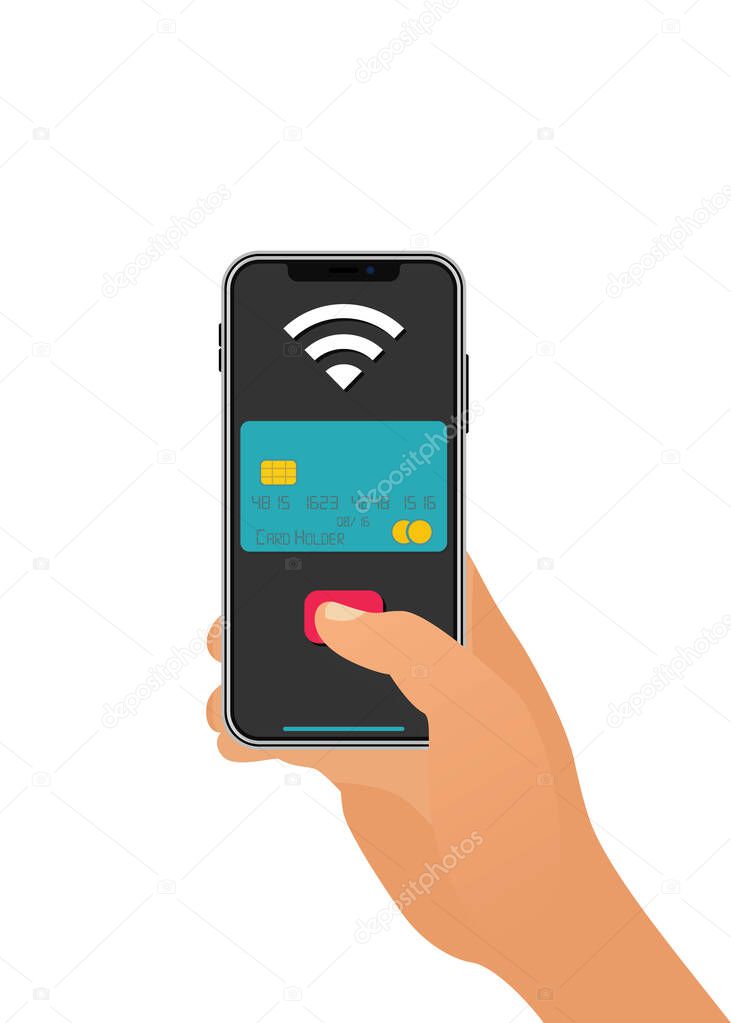 Smartphone paying wireless over POS terminal. Vector illustration concept.