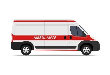 Beyaz arka planda vektör illüstrasyon ambulans arabası. Ambulans otomotiv acil durumu. Ambulans aracı tıbbi tahliye.