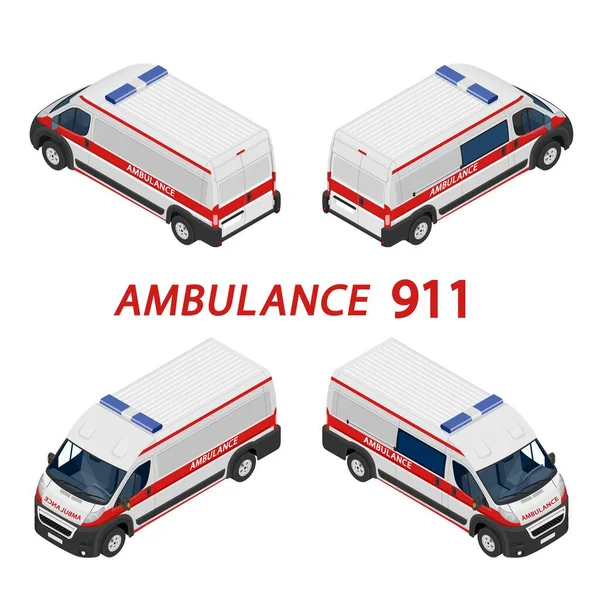 Conjunto isométrico de transporte Ilustración vectorial aislada furgoneta de ambulancia. Accidente de evacuación médica de emergencia. Servicio de ayuda para ambulancias en accidentes Departamento de emergencia de la clínica para infografías, pancartas, web — Vector de stock