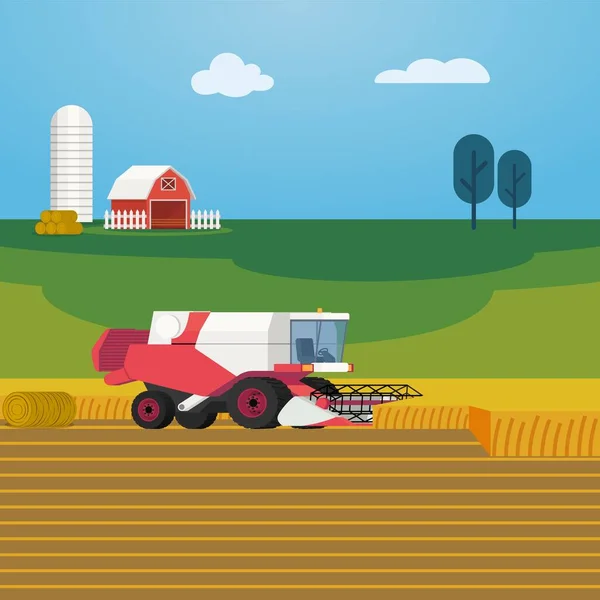 Vector illustration on farming and agriculture with combine harvester harvesting grain crops. Arable field scenery with heavy machinery, red barn and green fields on background — Stock Vector