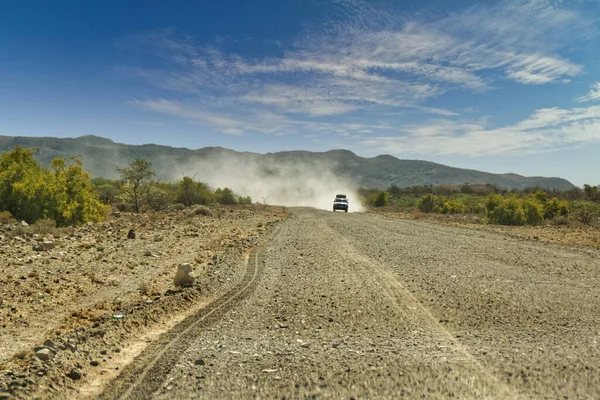 Pickup truck driving fast on long straight desert road. Warm sunny day with blue sky. Africa-Namibia — Stock Photo, Image