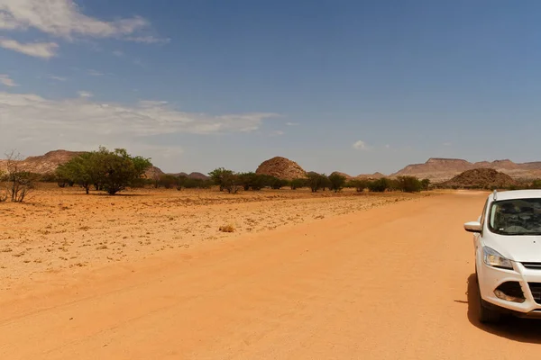 Küçük ağaçlar ve mavi gökyüzü ile sıcak kırmızı kalahari kum manzaralı kısmi beyaz arabalı Afrika çöl yolu. Yol gezisi Namib Çölü.