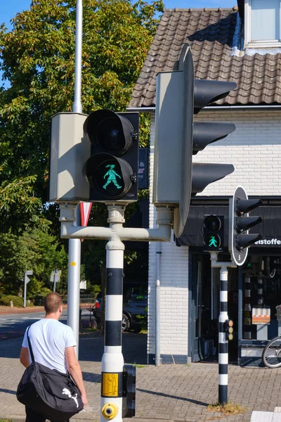 Bennekom, Hollanda, Aug, 19,2020: Hollanda 'da yol ayrımında at kuyruklu mutlu bir kızla yürüyen yeşil yaya ışığı. Kızın adı Sofie ve kadın haklarını sembolize ediyor..