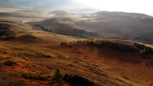 Vliegen op een quadrocopter over de steppe, weg, tegen de achtergrond van bergen en herfstbomen, Altai — Stockvideo