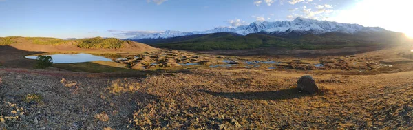 Алтай, панорамний вид багатьох озер і гір вкритих снігом на тлі лісу, осінь, вільний простір з жовтою травою.. — стокове фото