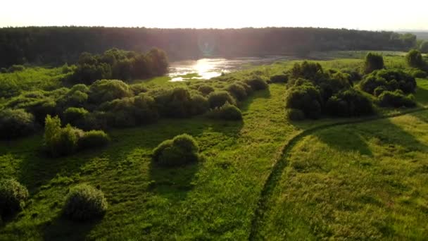 Volando sobre un lago del bosque, en los rayos del sol del amanecer con un hermoso reflejo, un viaje de verano. El metraje del dron . — Vídeo de stock