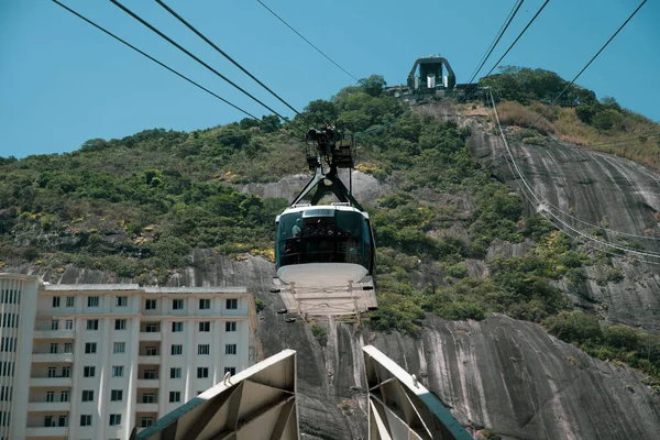 View of the Sugar Loaf in Botafogo, a mountain, and a landscape of Rio de Janeiro from a cable car, Brazil.