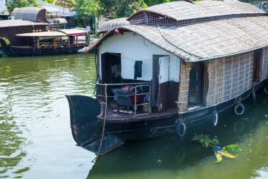 Güneşli bir günde Kerala 'nın durgun suyunun yanındaki küçük bir köyde küçük evler ve Allapuzza veya Alleppey' in pitoresk durgun sularında yüzen geleneksel yüzen yüzen yüzen yüzen tekneler görülüyor.