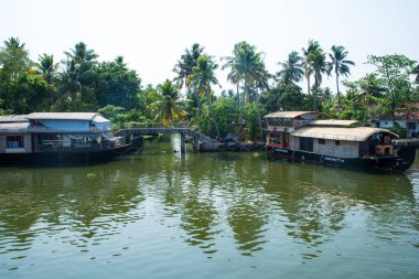 Güneşli bir günde Kerala 'nın durgun suyunun yanındaki küçük bir köyde küçük evler ve Allapuzza veya Alleppey' in pitoresk durgun sularında yüzen geleneksel yüzen yüzen yüzen yüzen tekneler görülüyor.