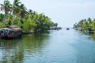 Güneşli bir günde Kerala 'nın durgun suyunun yanındaki küçük bir köyde küçük evler ve Allapuzza veya Alleppey' in pitoresk durgun sularında yüzen geleneksel yüzen yüzen yüzen yüzen tekneler görülüyor.