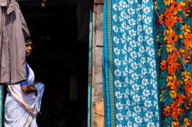 Kerala 'daki Kochin koloni şehrinde renkli eski bir ev. Yol, konut binaları ve şehir merkezinde yaşayan insanlar. Güzel Hintli kadın portresi.
