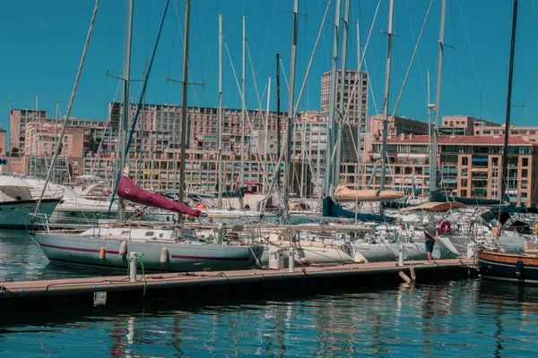 Panoramic View Boats Moored Old Port Marseille Has Been Natural — Stock Photo, Image