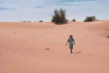 Kızıl çöldeki Dubai 'de tatil yapan bazı turistlerin rastgele fotoğrafları. Bir yaz gününde develer ve Beduin ile boş çöl manzarası. İnsanlar develerin tepesine çıkar ve yerel halk çölü gösterir.