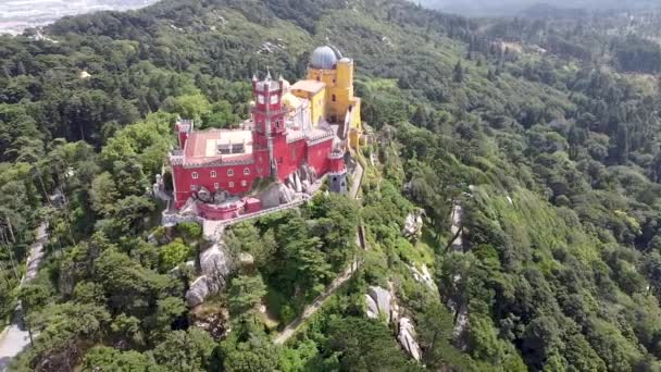 Bela Vista Aérea Colorido Castelo Palácio Pena Castelo Romantista Pedro — Vídeo de Stock