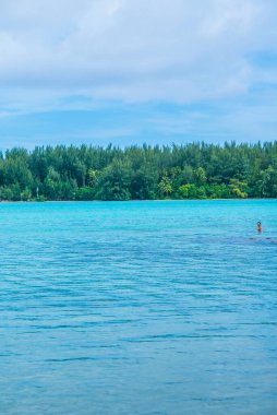 Moorea, Fransız Polinezyası: 09 / 03 / 2018: Moorea mavi okyanusu ve sarı kumu olan tropikal bir ada. Poeple zamanlarını yüzerek ve sahilde yürüyerek geçirir. Her zaman yaz..