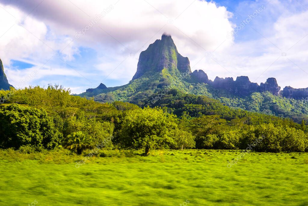 Moorea, French Polynesia: 09/03/2018: Total lanscape of the colorful main mountain in Moorea, everywhere is green and a blue sky