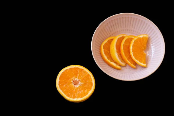 Orange Fraîche Pour Petit Déjeuner Avec Fond Noir Fruit Est — Photo