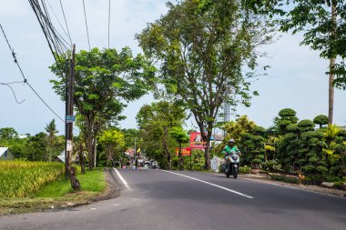 Sabahları Bali şehir merkezinde. Ana caddede hayat nehir etrafında, insanlarla ve renklerle dolu.
