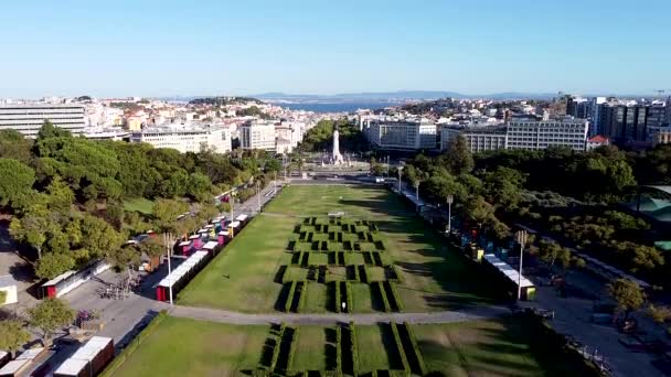 Flygfoto Över Centrum Lissabon Portugal Solig Dag Lissabon Stad Markisinnan — Stockvideo