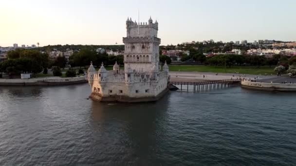 Magiska Antenn Belem Tower View Sköt Ovanifrån Lissabon Portugal Det — Stockvideo