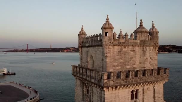 Magiska Antenn Belem Tower View Sköt Ovanifrån Lissabon Portugal Det — Stockvideo