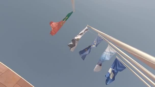 Banderas Diferentes Países Unidas Contra Cielo Azul Ondeando Viento — Vídeo de stock